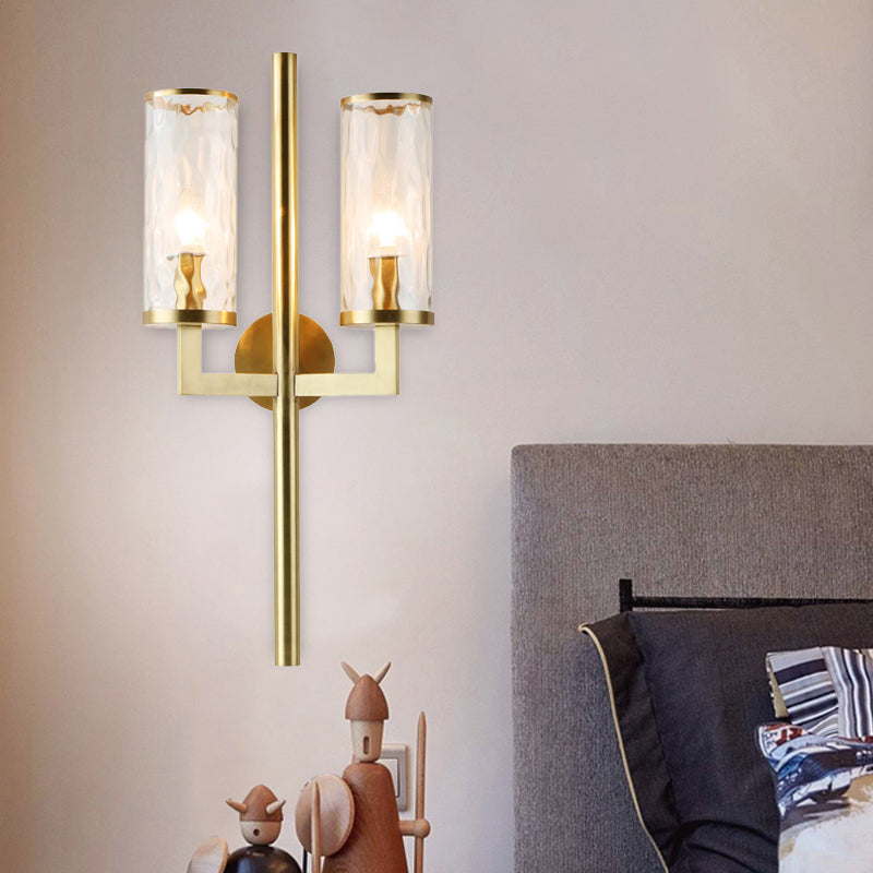 Gold Cylindrical Sconce Traditionary Dimpled Blown Glass 1/2 Heads Wall Mounted Lighting Clearhalo 'Wall Lamps & Sconces' 'Wall Lights' Lighting' 238585