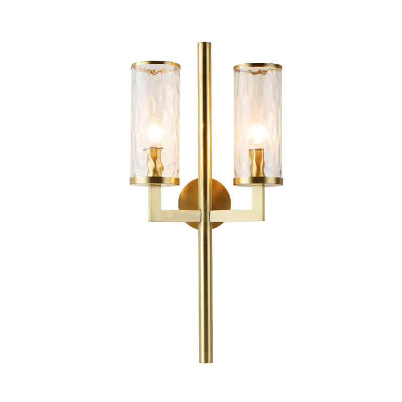 Gold Cylindrical Sconce Traditionary Dimpled Blown Glass 1/2 Heads Wall Mounted Lighting Clearhalo 'Wall Lamps & Sconces' 'Wall Lights' Lighting' 238586