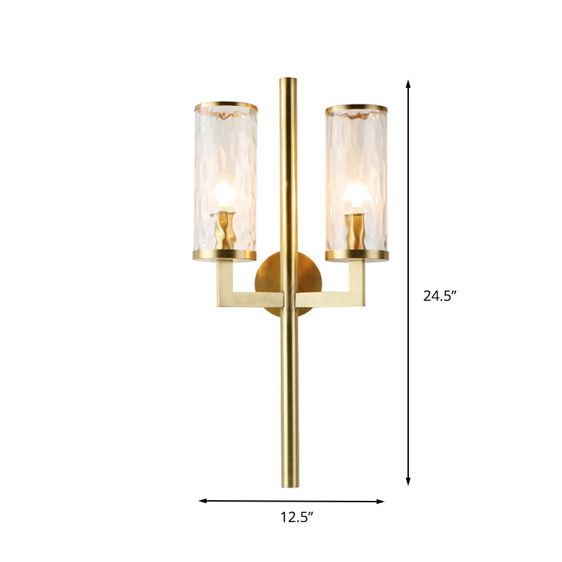 Gold Cylindrical Sconce Traditionary Dimpled Blown Glass 1/2 Heads Wall Mounted Lighting Clearhalo 'Wall Lamps & Sconces' 'Wall Lights' Lighting' 238587