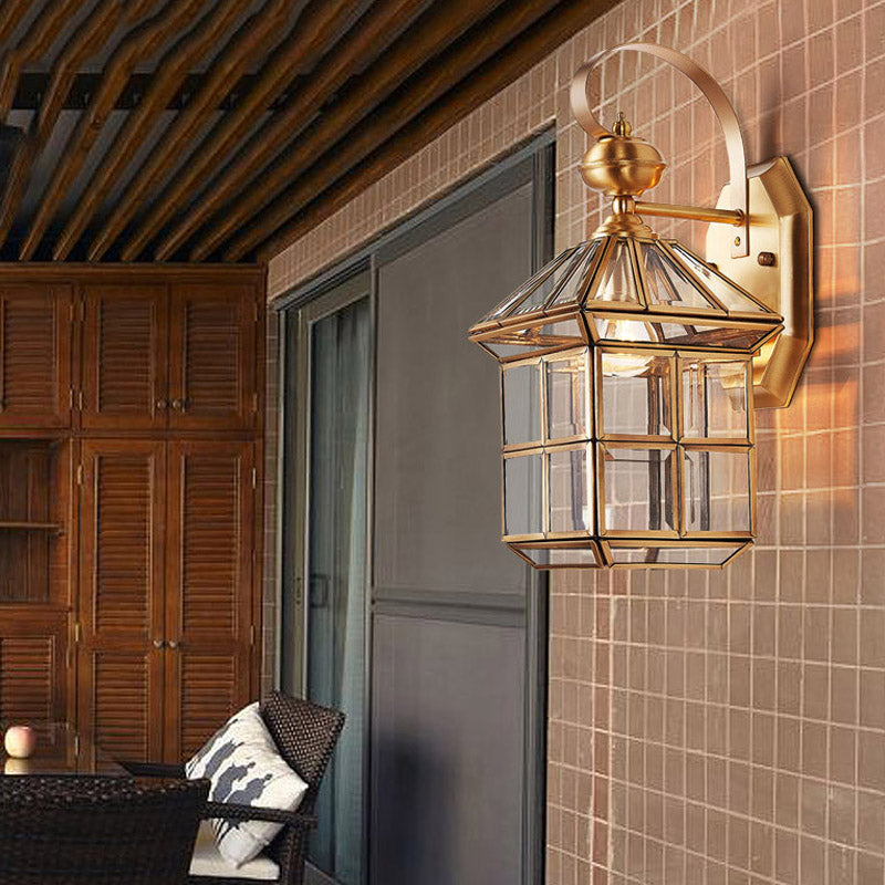 Brass House Sconce Light Traditionary Clear Glass 1 Bulb Wall Mounted Lamp for Balcony Brass Clearhalo 'Wall Lamps & Sconces' 'Wall Lights' Lighting' 238612