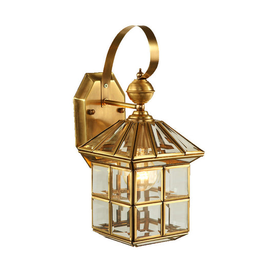 Brass House Sconce Light Traditionary Clear Glass 1 Bulb Wall Mounted Lamp for Balcony Clearhalo 'Wall Lamps & Sconces' 'Wall Lights' Lighting' 238614