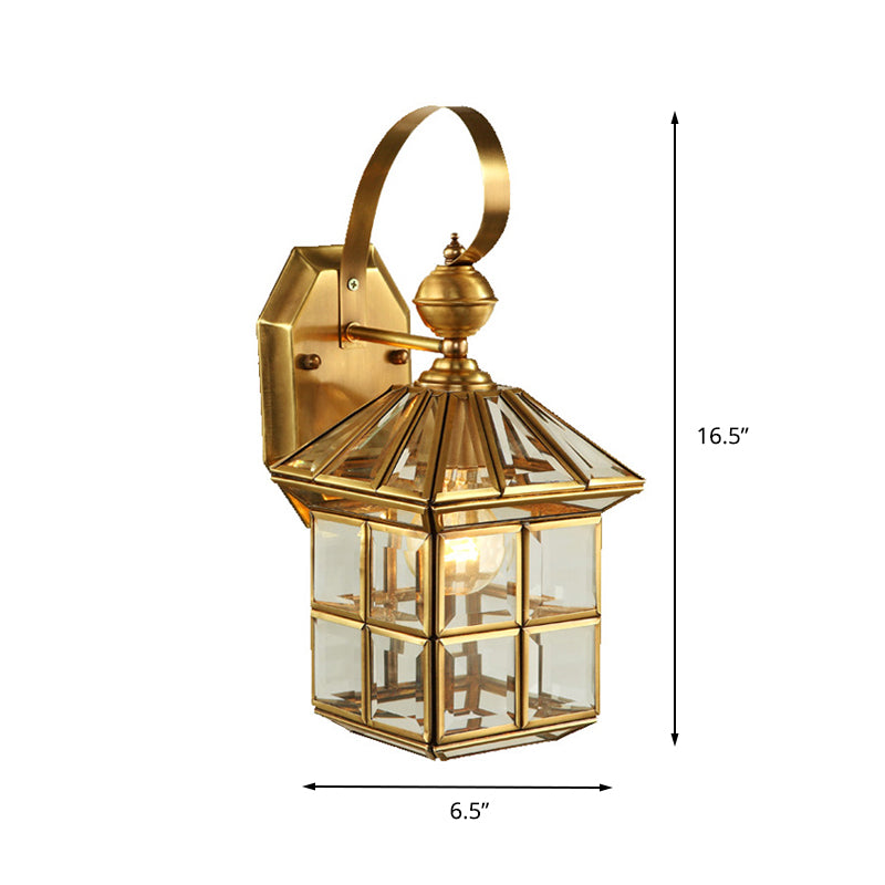 Brass House Sconce Light Traditionary Clear Glass 1 Bulb Wall Mounted Lamp for Balcony Clearhalo 'Wall Lamps & Sconces' 'Wall Lights' Lighting' 238615