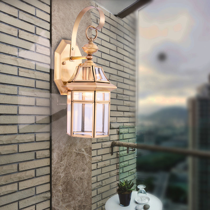 Hexagon Clear Glass Wall Light Tradition 1 Head Brass Flush Mount Wall Sconce for Stairway Clearhalo 'Wall Lamps & Sconces' 'Wall Lights' Lighting' 238618