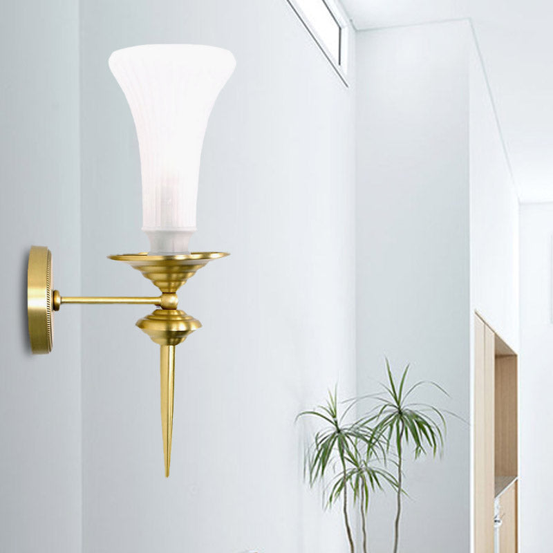 Trumpet Milk Glass Wall Light Tradition 1 Head Gold Flush Mount Wall Sconce for Hallway Clearhalo 'Wall Lamps & Sconces' 'Wall Lights' Lighting' 238684