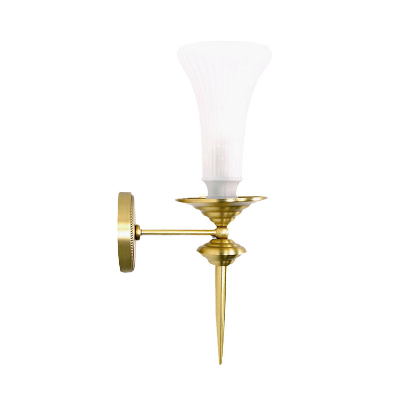 Trumpet Milk Glass Wall Light Tradition 1 Head Gold Flush Mount Wall Sconce for Hallway Clearhalo 'Wall Lamps & Sconces' 'Wall Lights' Lighting' 238685