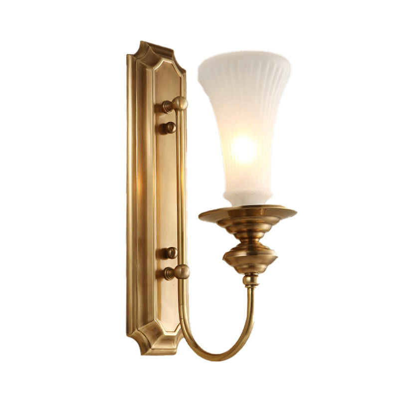 Wide Flare Wall Lamp Traditional White Glass 1/2 Bulbs Brass Sconce Light Fixture for Bedroom Clearhalo 'Wall Lamps & Sconces' 'Wall Lights' Lighting' 238690