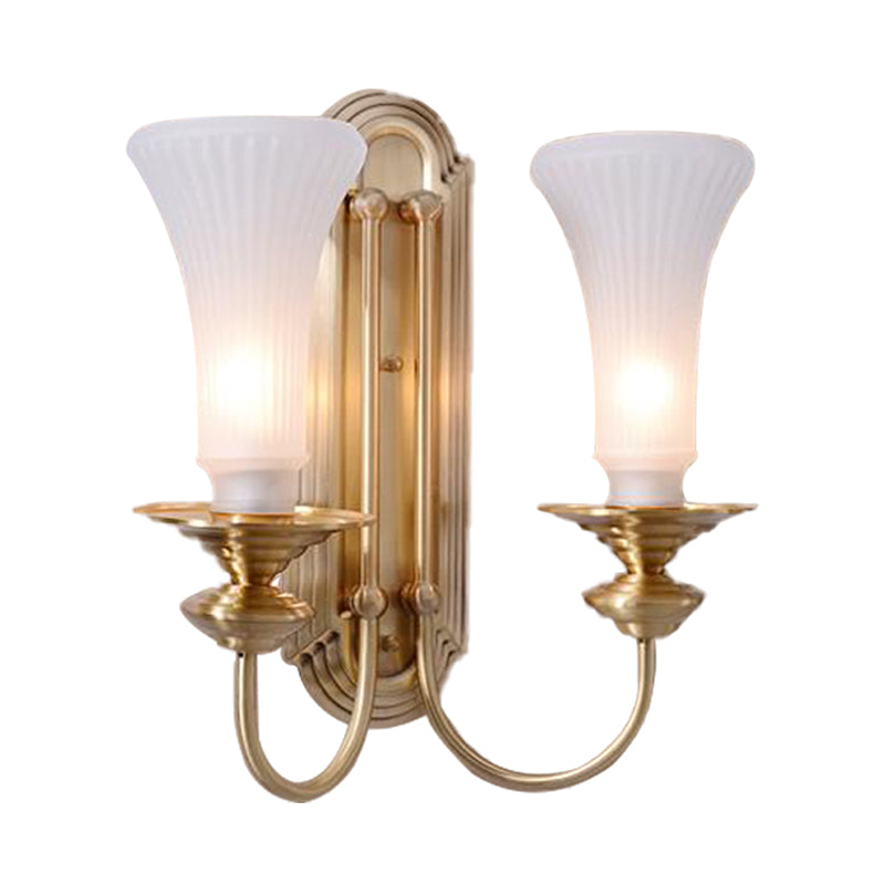 Wide Flare Wall Lamp Traditional White Glass 1/2 Bulbs Brass Sconce Light Fixture for Bedroom Clearhalo 'Wall Lamps & Sconces' 'Wall Lights' Lighting' 238695