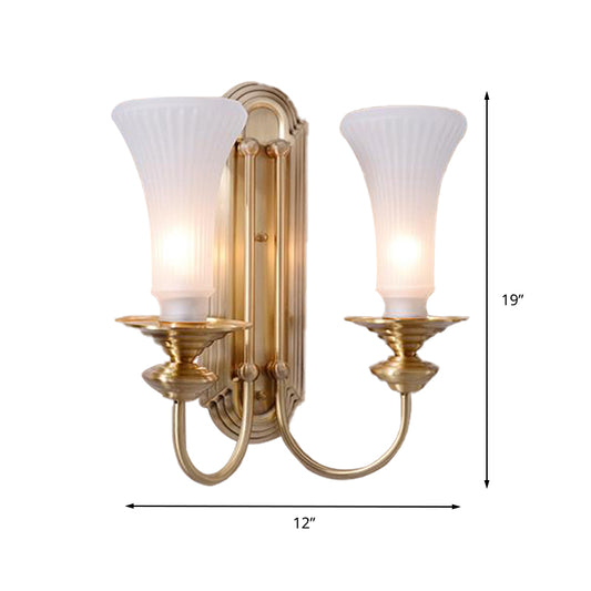 Wide Flare Wall Lamp Traditional White Glass 1/2 Bulbs Brass Sconce Light Fixture for Bedroom Clearhalo 'Wall Lamps & Sconces' 'Wall Lights' Lighting' 238696