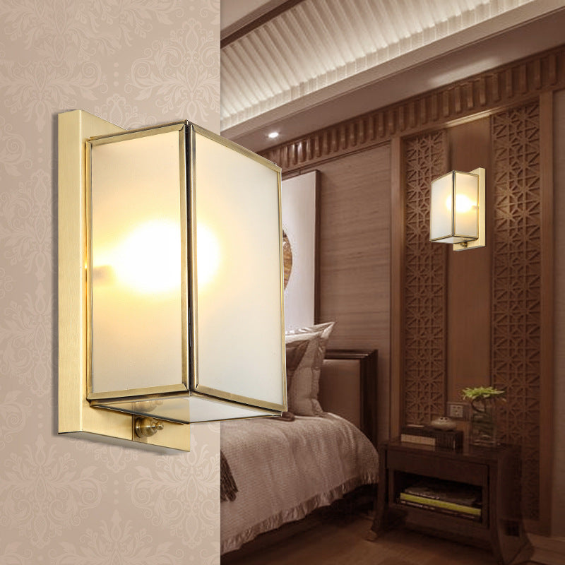 Brass Rectangle Sconce Traditionary White Glass 1/2 Heads Wall Mounted Lighting for Living Room 1.0 Brass Clearhalo 'Wall Lamps & Sconces' 'Wall Lights' Lighting' 238707