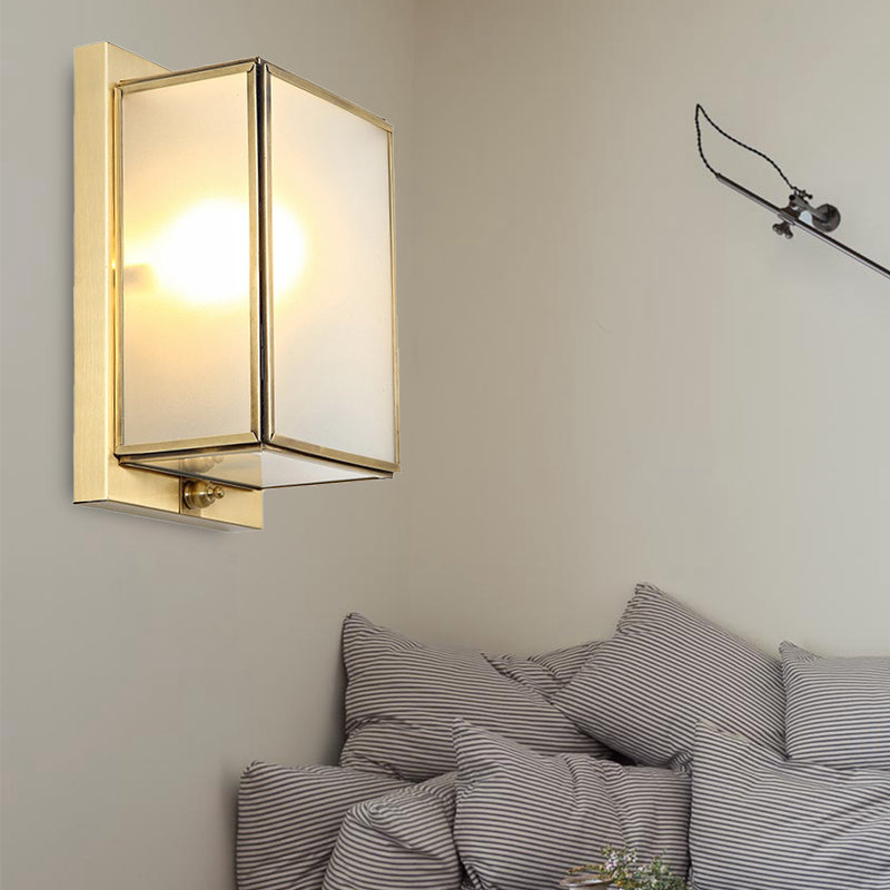 Brass Rectangle Sconce Traditionary White Glass 1/2 Heads Wall Mounted Lighting for Living Room Clearhalo 'Wall Lamps & Sconces' 'Wall Lights' Lighting' 238708