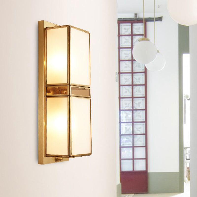 Brass Rectangle Sconce Traditionary White Glass 1/2 Heads Wall Mounted Lighting for Living Room Clearhalo 'Wall Lamps & Sconces' 'Wall Lights' Lighting' 238712