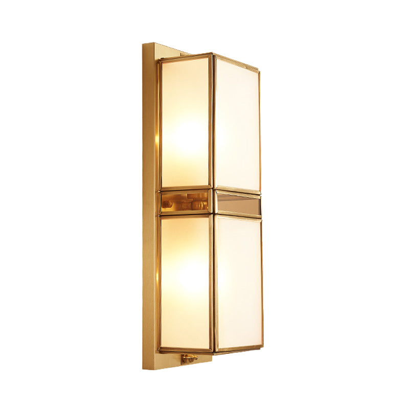 Brass Rectangle Sconce Traditionary White Glass 1/2 Heads Wall Mounted Lighting for Living Room Clearhalo 'Wall Lamps & Sconces' 'Wall Lights' Lighting' 238713