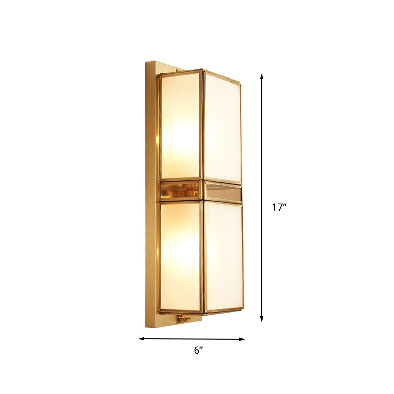 Brass Rectangle Sconce Traditionary White Glass 1/2 Heads Wall Mounted Lighting for Living Room Clearhalo 'Wall Lamps & Sconces' 'Wall Lights' Lighting' 238714