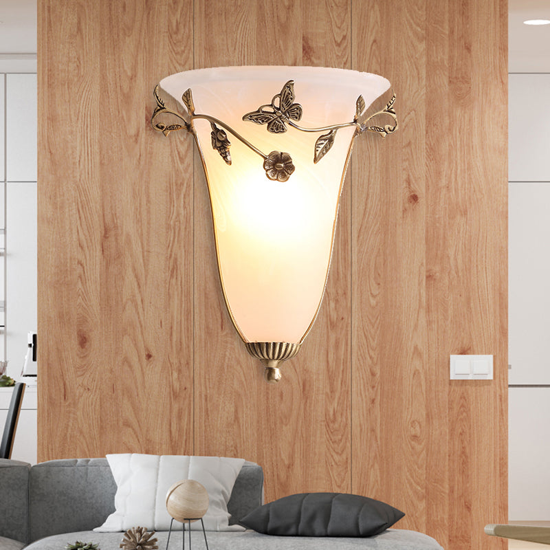 Bell Wall Lamp Traditional White Glass 1 Bulb Brass Sconce Light Fixture with Butterfly and Flower Brass Clearhalo 'Wall Lamps & Sconces' 'Wall Lights' Lighting' 238740