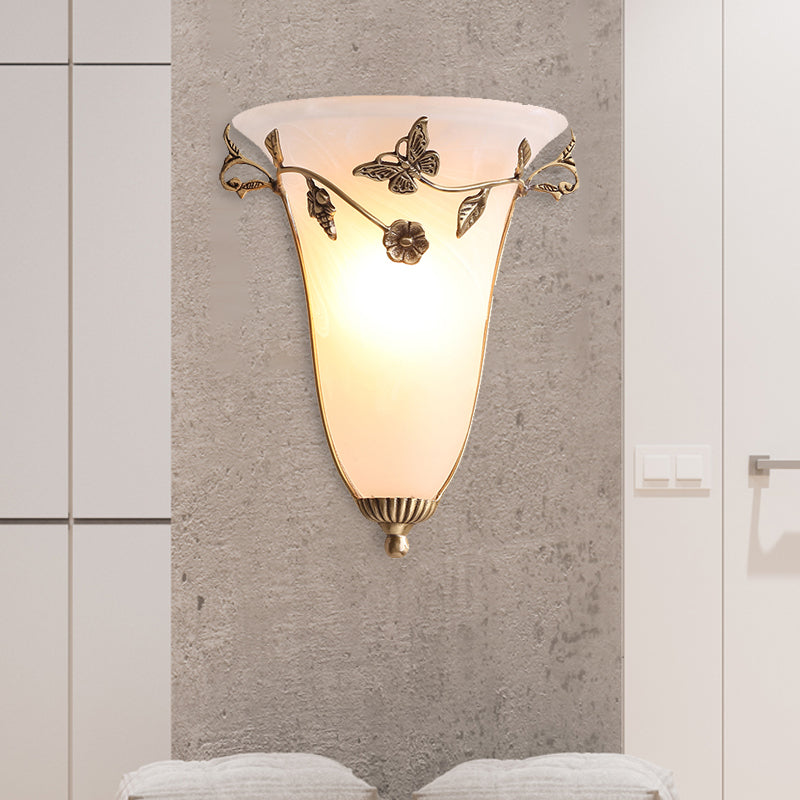 Bell Wall Lamp Traditional White Glass 1 Bulb Brass Sconce Light Fixture with Butterfly and Flower Clearhalo 'Wall Lamps & Sconces' 'Wall Lights' Lighting' 238741