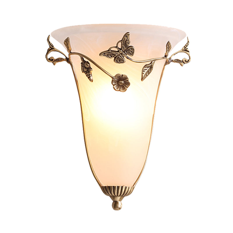 Bell Wall Lamp Traditional White Glass 1 Bulb Brass Sconce Light Fixture with Butterfly and Flower Clearhalo 'Wall Lamps & Sconces' 'Wall Lights' Lighting' 238742