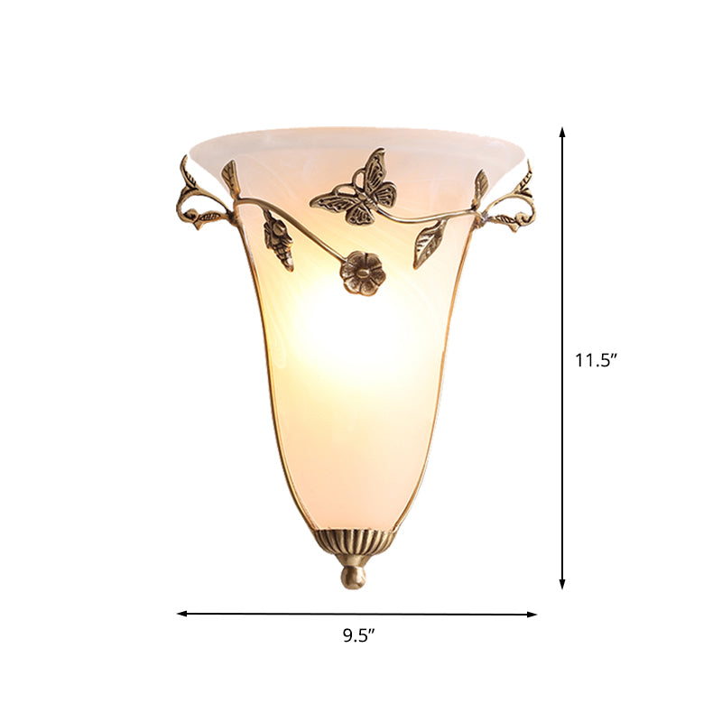 Bell Wall Lamp Traditional White Glass 1 Bulb Brass Sconce Light Fixture with Butterfly and Flower Clearhalo 'Wall Lamps & Sconces' 'Wall Lights' Lighting' 238743