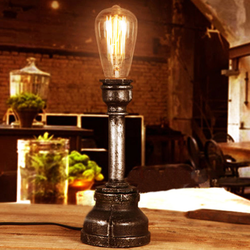 Vintage Style Bare Bulb Table Lighting with Water Pipe 1 Light Metallic Standing Table Light in Black Black Clearhalo 'Lamps' 'Table Lamps' Lighting' 238770