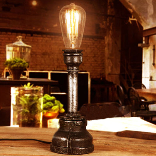 Vintage Style Bare Bulb Table Lighting with Water Pipe 1 Light Metallic Standing Table Light in Black Black Clearhalo 'Lamps' 'Table Lamps' Lighting' 238770