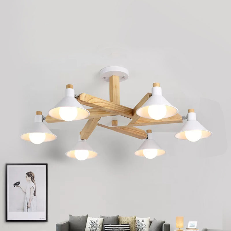 Rotatable Wood Ceiling Light 6 Lights Modern Nordic Chandelier in White for Living Room White Cone Clearhalo 'Ceiling Lights' 'Chandeliers' Lighting' options 23880_9f61f50a-2b5f-4d99-a70d-48bf8546c0d8