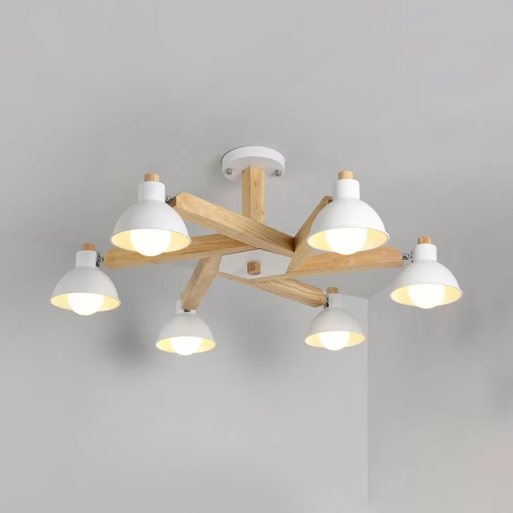 Rotatable Wood Ceiling Light 6 Lights Modern Nordic Chandelier in White for Living Room White Dome Clearhalo 'Ceiling Lights' 'Chandeliers' Lighting' options 23883_dd57a70d-4814-4714-bdbc-0437564cec00