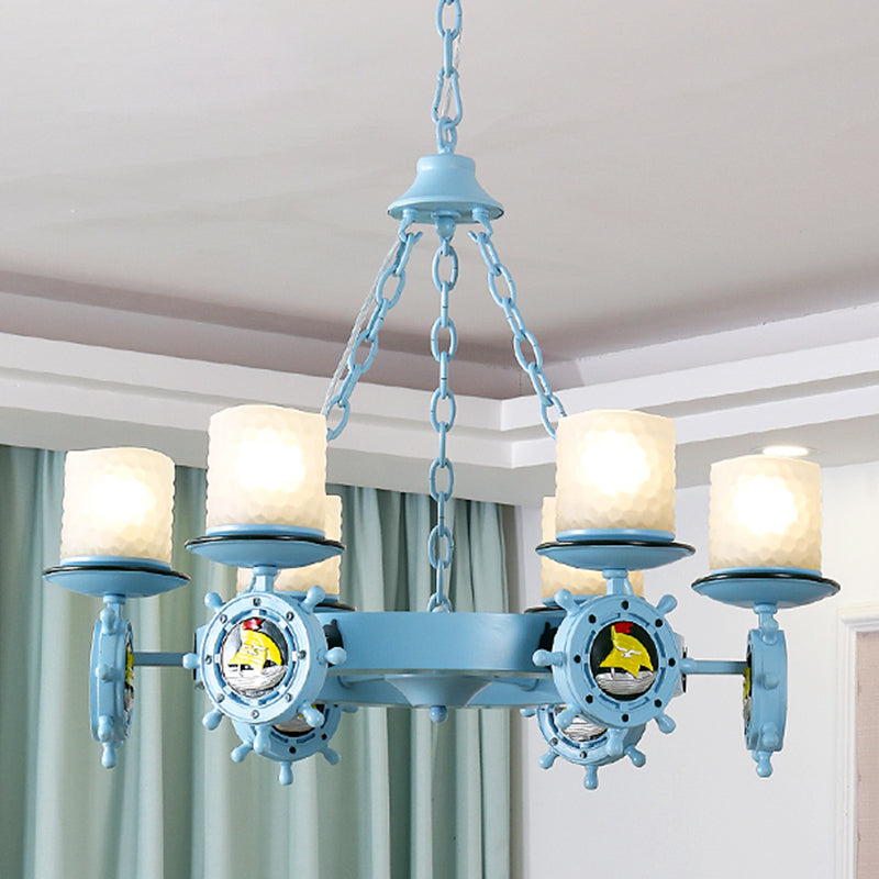 Cylindrical Up Chandelier Cartoon Opal Glass Child Room Pendant Light with Rudder Decor in Blue 6 Blue Clearhalo 'Ceiling Lights' 'Chandeliers' Lighting' 2388730