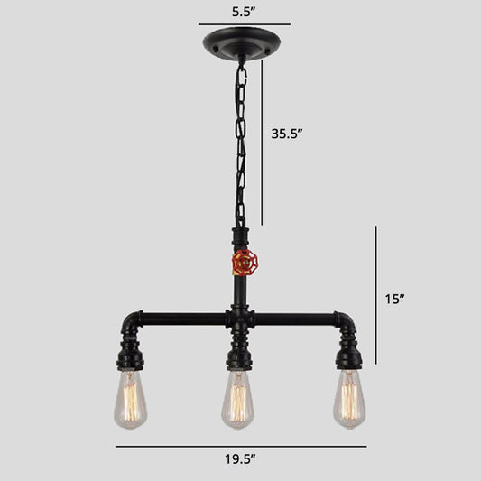 Water Pipe Restaurant Island Lamp Industrial Metal 3-Head Hanging Light with Red Valve Decor Clearhalo 'Ceiling Lights' 'Island Lights' Lighting' 2388776