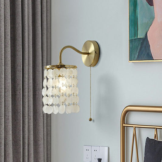 Single-Bulb Discs Wall Lighting Coastal Gold Natural Shell Wall Mounted Light with Pull Chain Clearhalo 'Wall Lamps & Sconces' 'Wall Lights' Lighting' 2388777