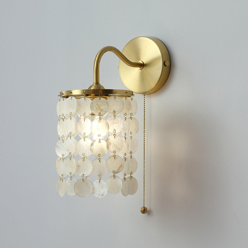 Single-Bulb Discs Wall Lighting Coastal Gold Natural Shell Wall Mounted Light with Pull Chain Gold Clearhalo 'Wall Lamps & Sconces' 'Wall Lights' Lighting' 2388778