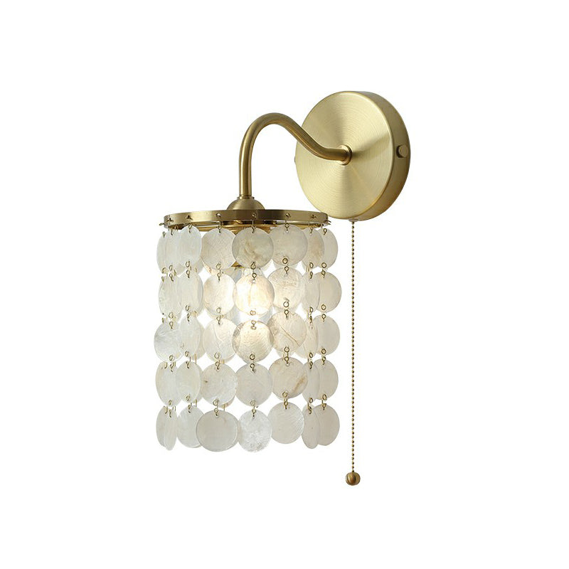 Single-Bulb Discs Wall Lighting Coastal Gold Natural Shell Wall Mounted Light with Pull Chain Clearhalo 'Wall Lamps & Sconces' 'Wall Lights' Lighting' 2388781