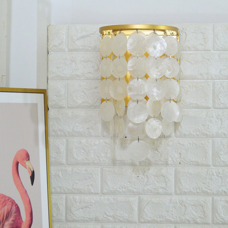 Shell Circle Strands Wall Lamp Country Style 1 Head Bedroom Sconce Light in Gold Gold Clearhalo 'Wall Lamps & Sconces' 'Wall Lights' Lighting' 2388783