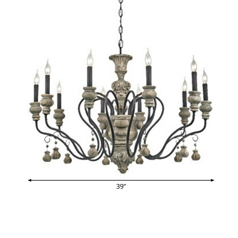 Resin Candlestick Chandelier French Country Dining Room Hanging Lamp in Black-Grey 10 Black Clearhalo 'Ceiling Lights' 'Chandeliers' Lighting' 2388807