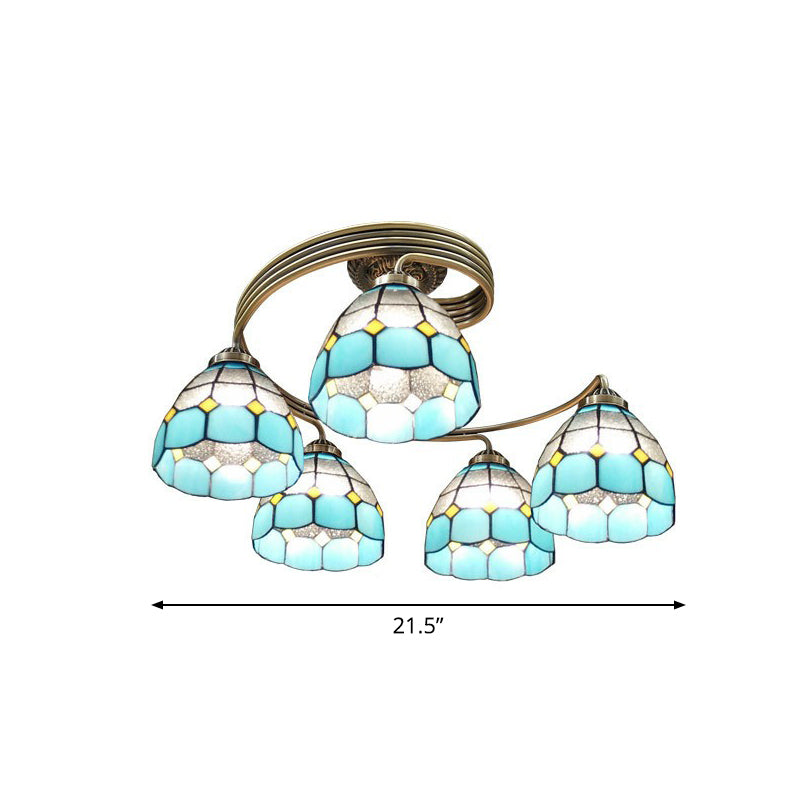 Mediterranean Spiral Ceiling Light Metal Semi Flush Mount Light with Stained Glass Shade 5 Sky Blue-White Clearhalo 'Ceiling Lights' 'Close To Ceiling Lights' 'Close to ceiling' 'Glass shade' 'Glass' 'Pendant Lights' 'Semi-flushmount' 'Tiffany close to ceiling' 'Tiffany' Lighting' 2388859