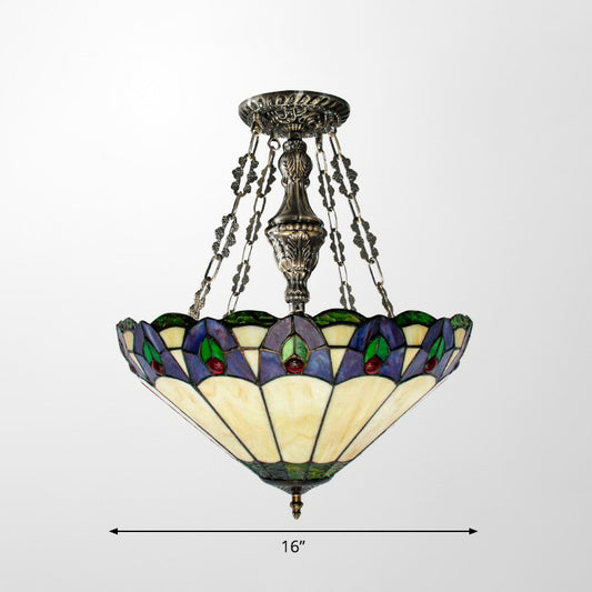 Mission Conical Pendant Chandelier 3-Light Stained Glass Hanging Light in Beige for Dining Room Clearhalo 'Ceiling Lights' 'Chandeliers' 'Industrial' 'Middle Century Chandeliers' 'Pendant Lights' 'Tiffany Chandeliers' 'Tiffany close to ceiling' 'Tiffany' Lighting' 2388900
