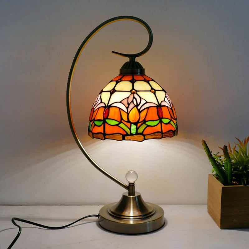 Tiffany Gooseneck Table Lamp 1 Head Metal Nightstand Light with Hand Cut Glass Shade Orange Pink Clearhalo 'Lamps' 'Table Lamps' Lighting' 2388938