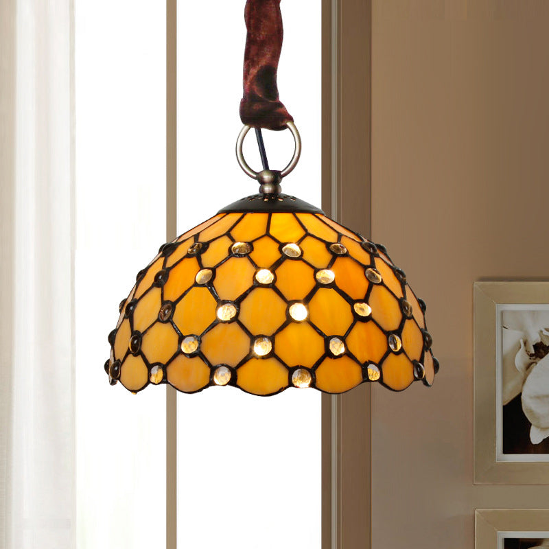 Beige Bowl Suspension Lamp Tiffany 1-Bulb Cut Glass Ceiling Light Fixture with Jewel Deco Beige Clearhalo 'Ceiling Lights' 'Glass shade' 'Glass' 'Industrial' 'Middle Century Pendants' 'Pendant Lights' 'Pendants' 'Tiffany close to ceiling' 'Tiffany Pendants' 'Tiffany' Lighting' 2389029