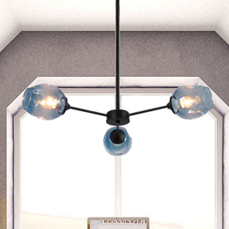 Modernist 3/6/8 Lights Hanging Chandelier Black/Chrome Sputnik Suspension Pendant with Blue/Amber Glass Shade 3 Blue-Black Clearhalo 'Ceiling Lights' 'Chandeliers' 'Close To Ceiling Lights' 'Glass shade' 'Glass' 'Modern Chandeliers' 'Modern' Lighting' 238908