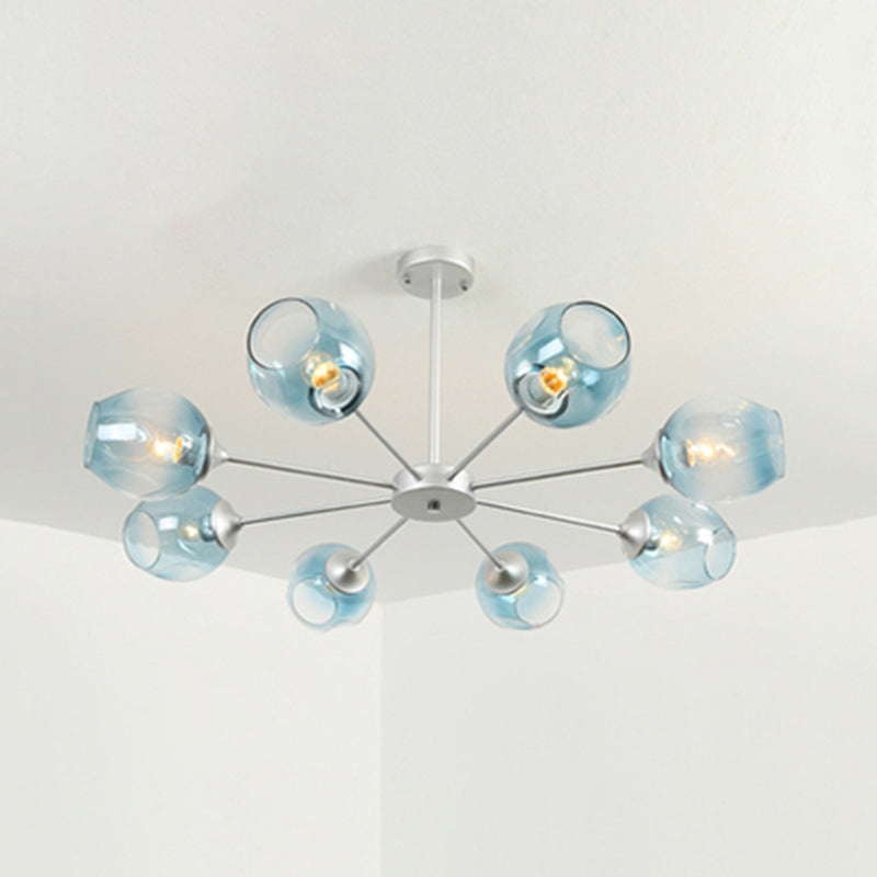 Modernist 3/6/8 Lights Hanging Chandelier Black/Chrome Sputnik Suspension Pendant with Blue/Amber Glass Shade 8 Blue Clearhalo 'Ceiling Lights' 'Chandeliers' 'Close To Ceiling Lights' 'Glass shade' 'Glass' 'Modern Chandeliers' 'Modern' Lighting' 238910