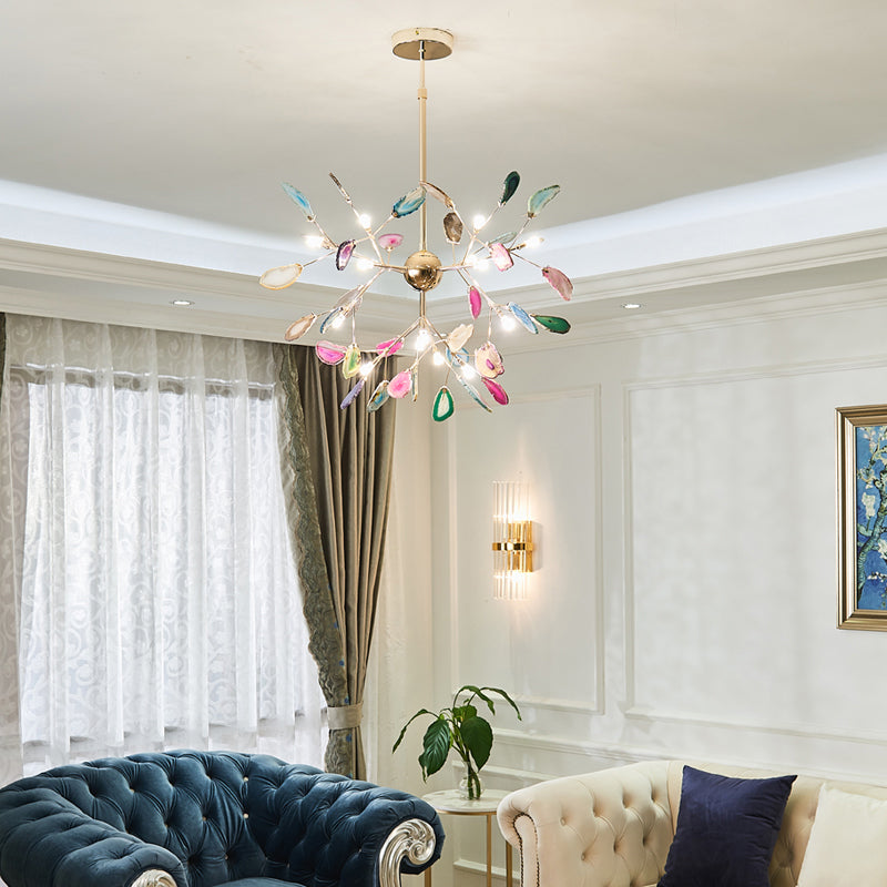 Modernist Heracleum Chandelier Agate Living Room Suspension Light Fixture in Gold Clearhalo 'Ceiling Lights' 'Chandeliers' 'Modern Chandeliers' 'Modern' Lighting' 2389125
