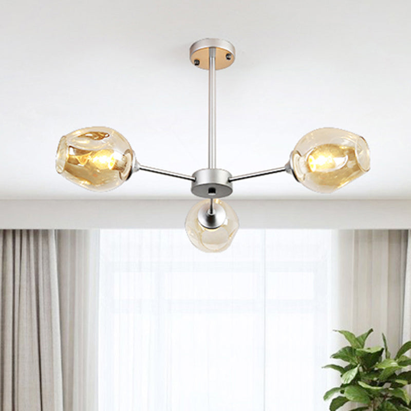 Modernist 3/6/8 Lights Hanging Chandelier Black/Chrome Sputnik Suspension Pendant with Blue/Amber Glass Shade 3 Amber Clearhalo 'Ceiling Lights' 'Chandeliers' 'Close To Ceiling Lights' 'Glass shade' 'Glass' 'Modern Chandeliers' 'Modern' Lighting' 238918