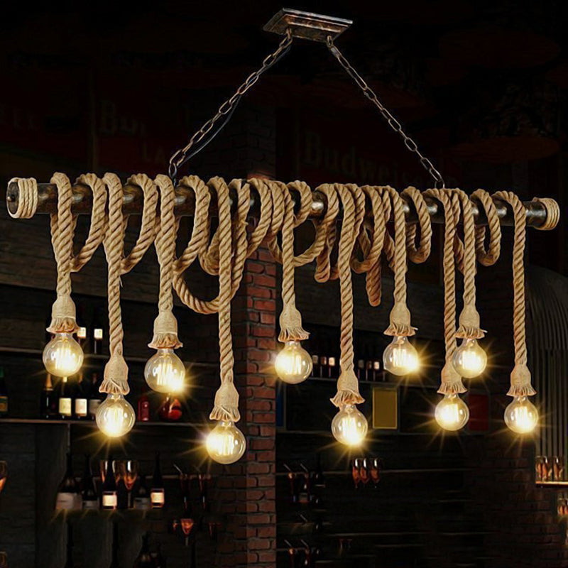 Natural Rope Light-Brown Island Lamp Bare-Bulb Design Industrial Suspension Light Fixture Clearhalo 'Ceiling Lights' 'Island Lights' Lighting' 2389194