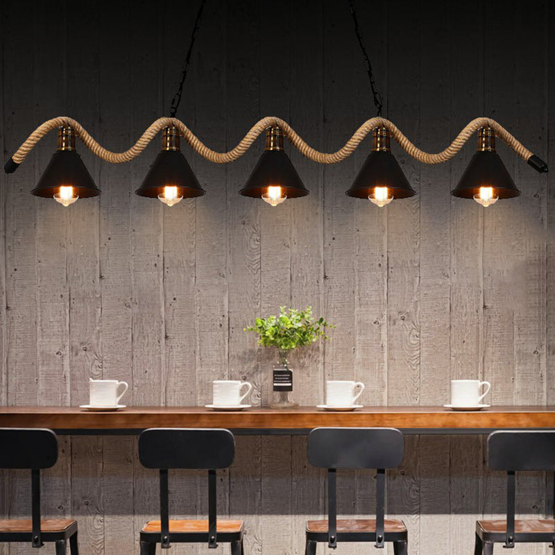 Matte Black Cone Island Lighting Industrial Metal Cafe Bar Hanging Light with Twisted Rope Clearhalo 'Ceiling Lights' 'Island Lights' Lighting' 2389201