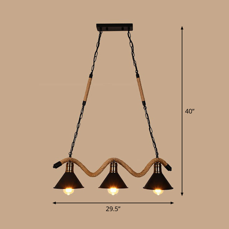 Matte Black Cone Island Lighting Industrial Metal Cafe Bar Hanging Light with Twisted Rope 3 Black Clearhalo 'Ceiling Lights' 'Island Lights' Lighting' 2389202