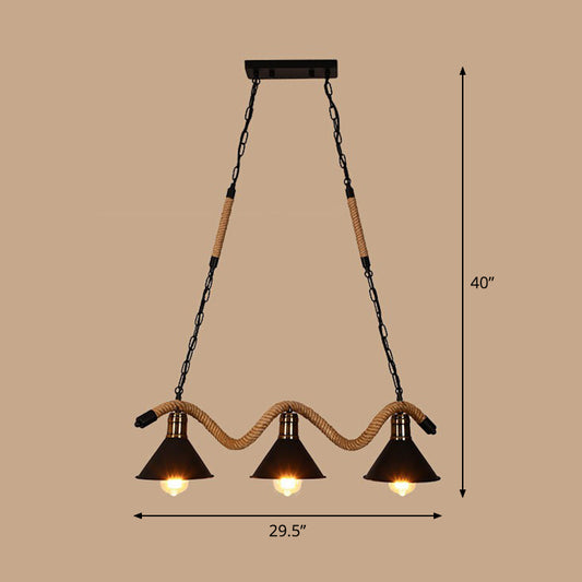 Matte Black Cone Island Lighting Industrial Metal Cafe Bar Hanging Light with Twisted Rope 3 Black Clearhalo 'Ceiling Lights' 'Island Lights' Lighting' 2389202