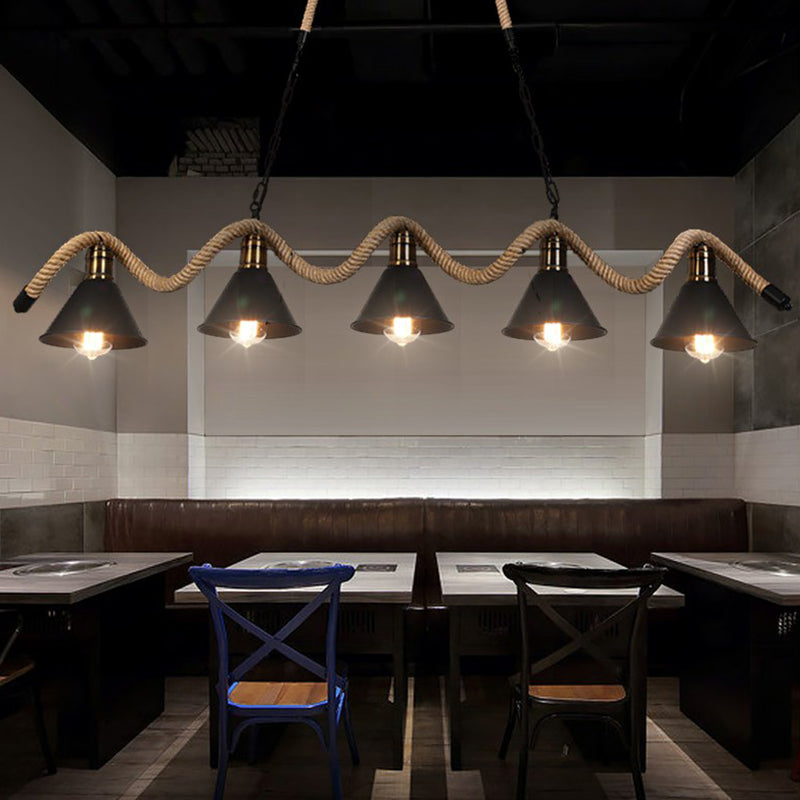 Matte Black Cone Island Lighting Industrial Metal Cafe Bar Hanging Light with Twisted Rope Clearhalo 'Ceiling Lights' 'Island Lights' Lighting' 2389205