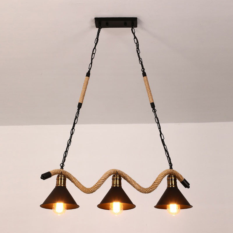 Matte Black Cone Island Lighting Industrial Metal Cafe Bar Hanging Light with Twisted Rope Clearhalo 'Ceiling Lights' 'Island Lights' Lighting' 2389207