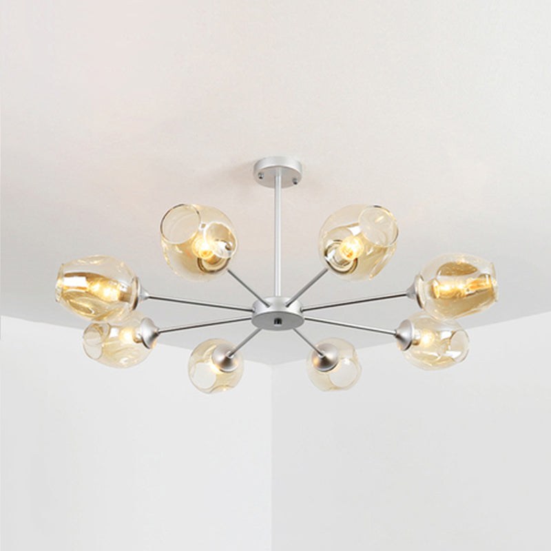 Modernist 3/6/8 Lights Hanging Chandelier Black/Chrome Sputnik Suspension Pendant with Blue/Amber Glass Shade 8 Amber Clearhalo 'Ceiling Lights' 'Chandeliers' 'Close To Ceiling Lights' 'Glass shade' 'Glass' 'Modern Chandeliers' 'Modern' Lighting' 238922