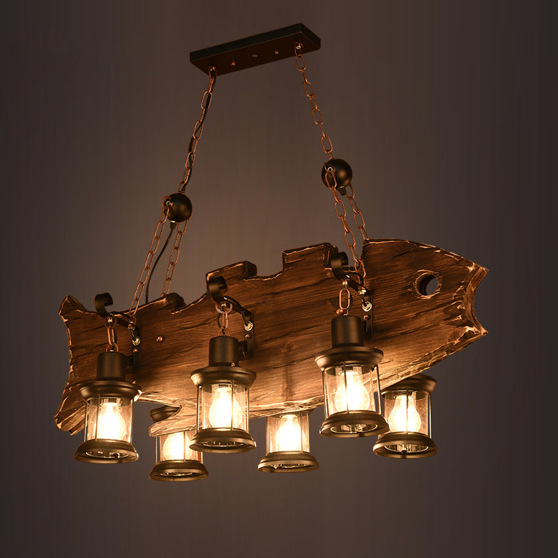 6 Heads Island Lighting Rustic Fish Shaped Wood Hanging Lamp with Lantern Shade in Brown Clearhalo 'Ceiling Lights' 'Island Lights' Lighting' 2389233