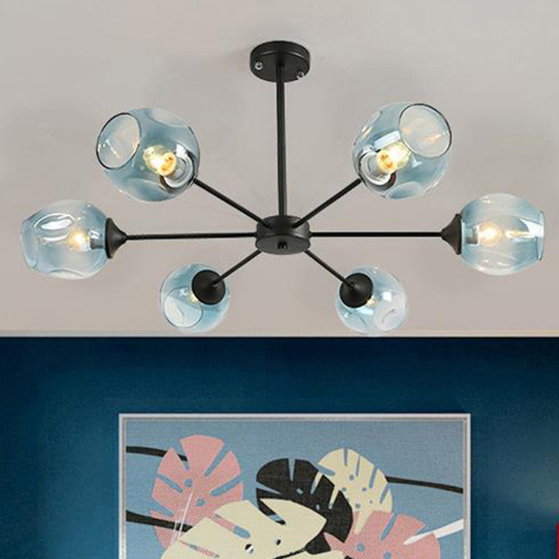 Modernist 3/6/8 Lights Hanging Chandelier Black/Chrome Sputnik Suspension Pendant with Blue/Amber Glass Shade 6 Blue-Black Clearhalo 'Ceiling Lights' 'Chandeliers' 'Close To Ceiling Lights' 'Glass shade' 'Glass' 'Modern Chandeliers' 'Modern' Lighting' 238924