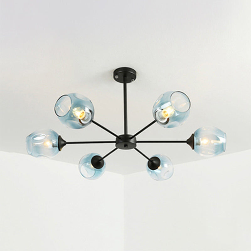 Modernist 3/6/8 Lights Hanging Chandelier Black/Chrome Sputnik Suspension Pendant with Blue/Amber Glass Shade Clearhalo 'Ceiling Lights' 'Chandeliers' 'Close To Ceiling Lights' 'Glass shade' 'Glass' 'Modern Chandeliers' 'Modern' Lighting' 238925